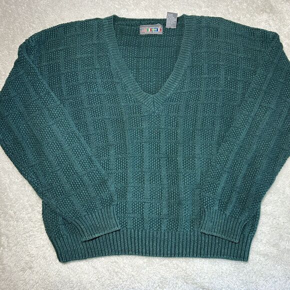 Vintage Sweater Small Green Waffle Chunky Knit Boxy Oversized V Neck Paris Sport - Picture 1 of 12